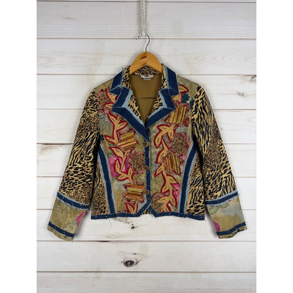 Sandy Starkman Jacket Womens Small Multicolor Animal Print Floral Denim Beaded
